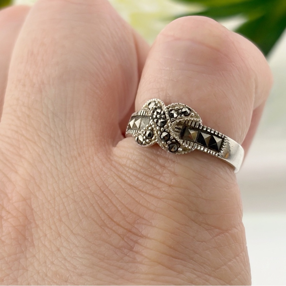 Vintage Sterling Silver 925 Marcasite Ring Size 5 1/2 5.5 Bow Knot Art Deco - Picture 4 of 11